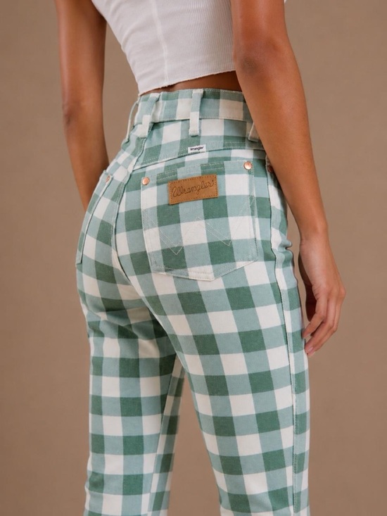 Wrangler Denim - Wrangler Green and White Gingham High-Waist kick flare jeans